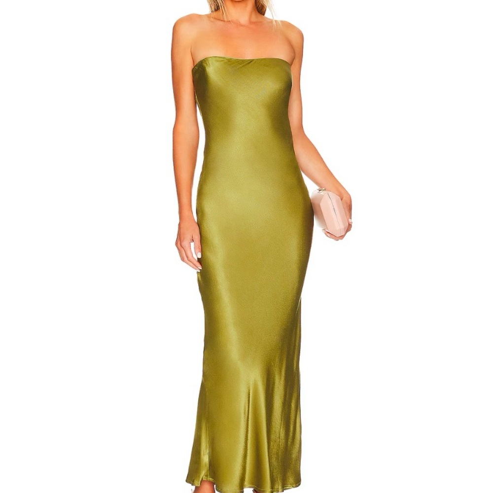 Silky Olive Green Strapless Midi Dress
